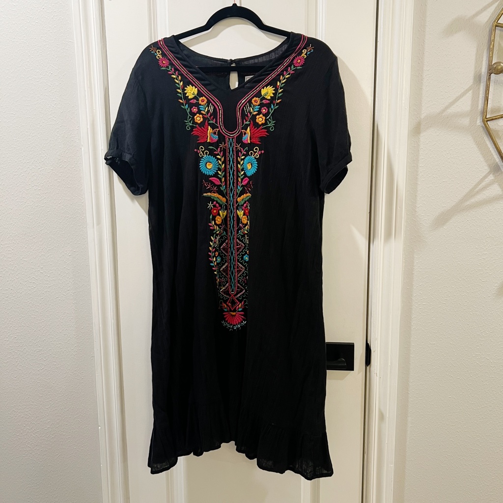 Double D Ranch Black Embroidered Midi Dress Size Xl Cotton
